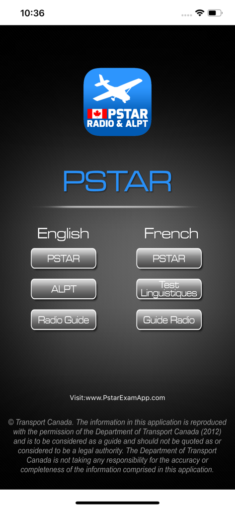 PSTAR Plus - Transport Canada - Home screen of the PSTAR Plus app showing English and French language selections for PSTAR, ALPT, and Radio Guide study materials.