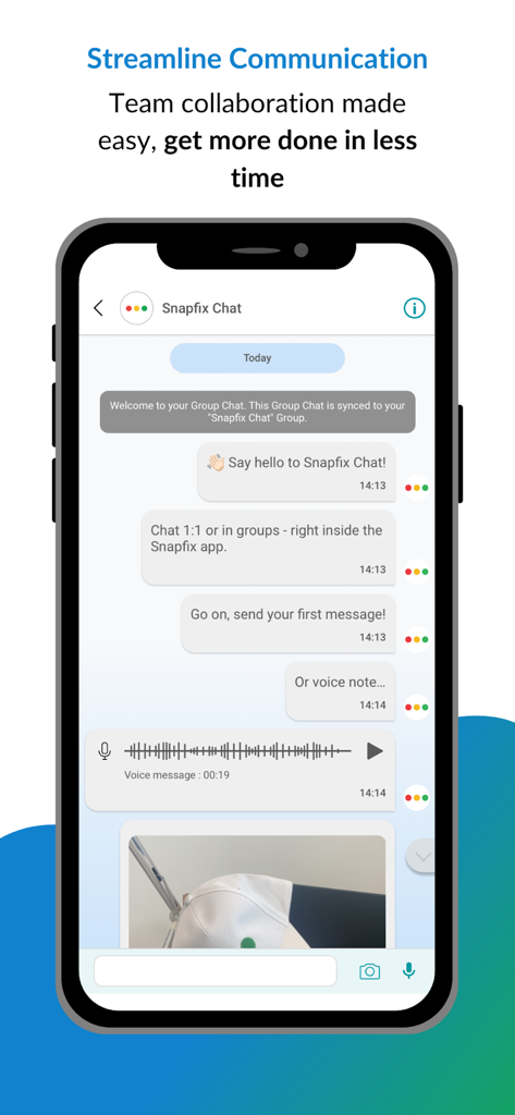 Snapfix: Smarter Maintenance - Snapfix app screenshot showing team collaboration through a group chat interface with voice notes and photo sharing