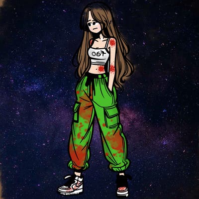 girl in baggy pants crop top and long hair