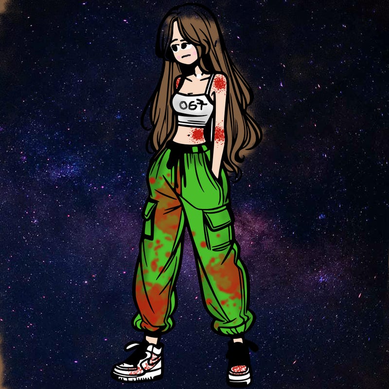 girl in baggy pants crop top and long hair