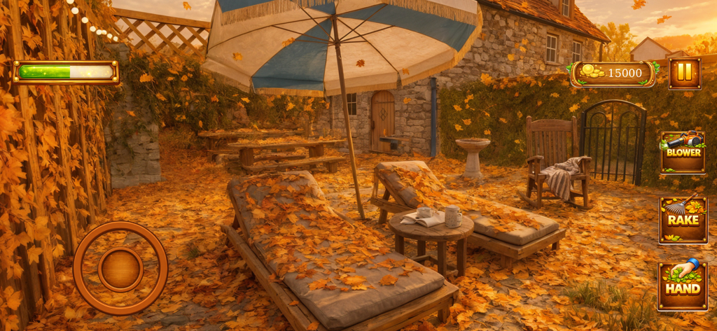 Critters Leaf Clean It Alone - Un patio acogedor cubierto de hojas de otoño naranjas con herramientas de limpieza y una sombrilla grande