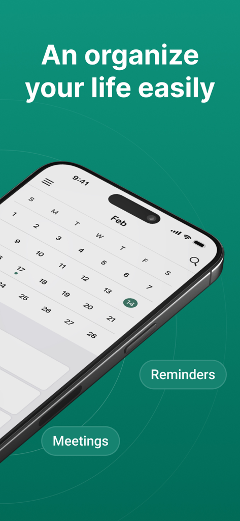 iPhone display of the Calendar 2026 app interface showing a monthly view with reminders and meetings on a green background