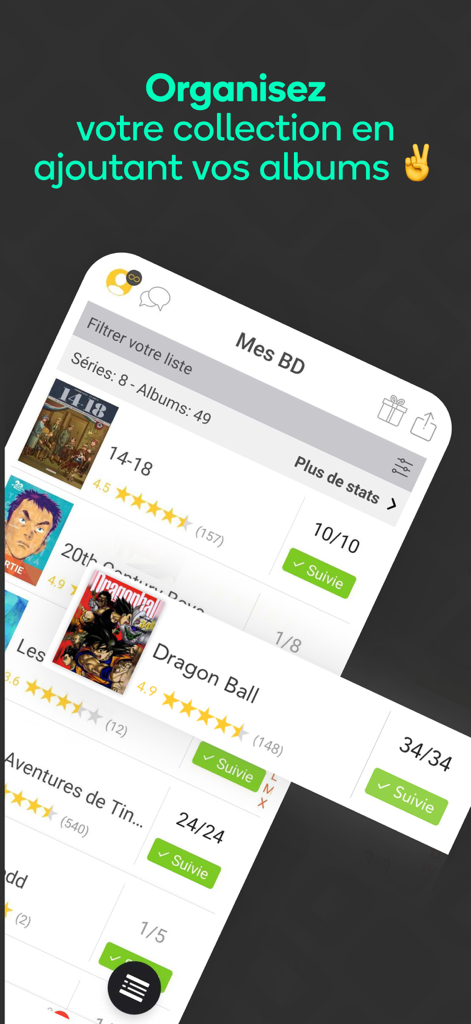 Bubble BD Manga Comics - A mobile app interface showing a list of manga and comic series with completion tracking and organization tools