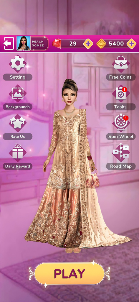 Wedding Fashion Stars - Main menu screen of Wedding Fashion Stars featuring a bride in a traditional golden Indian wedding dress