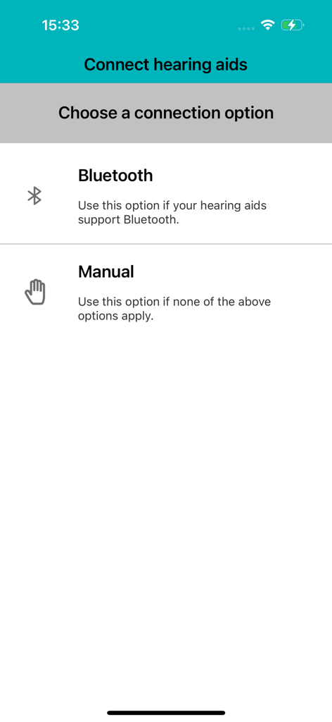 Vibe App - Vibe App screen to connect hearing aids via bluetooth or manual setup