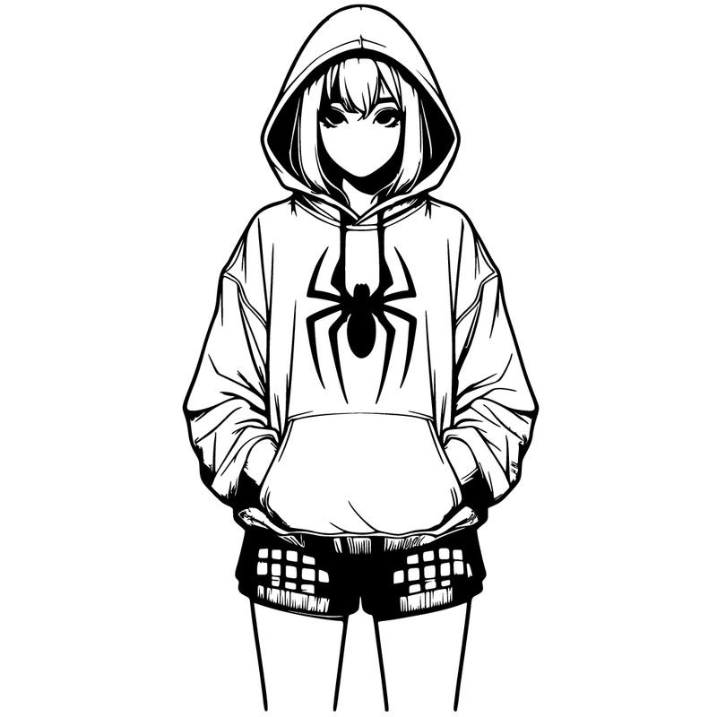 realistic girl with baggy spider hoodie and shorts