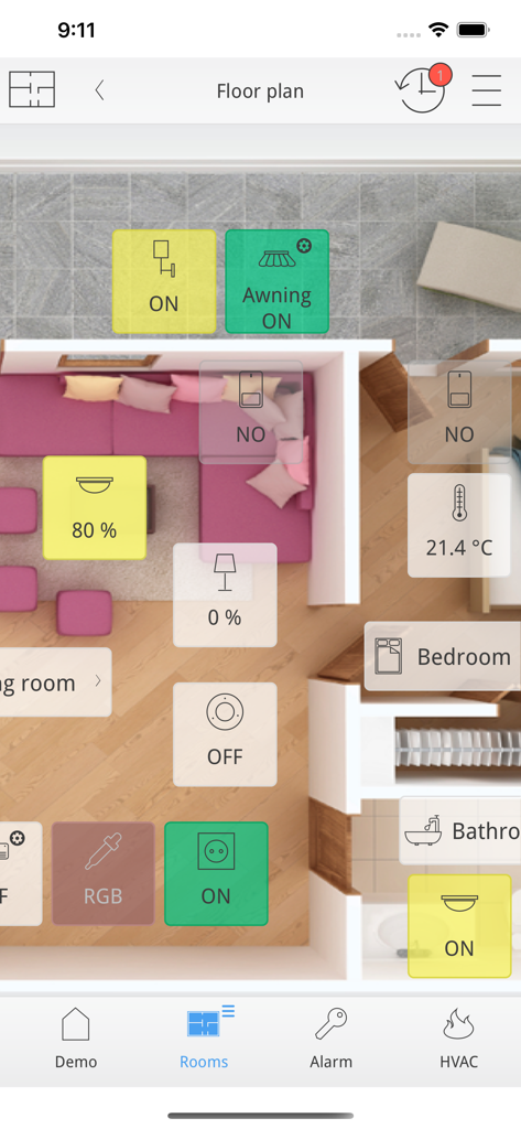 bOS Client - bOS Client Mobile App zeigt einen Smart Home Grundriss mit interaktiver Beleuchtungs- und Klimasteuerung an