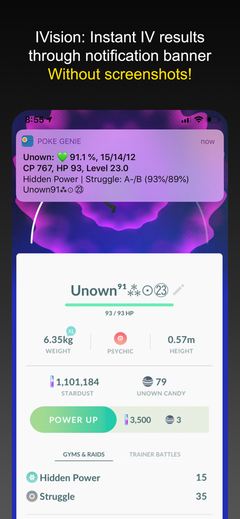 Poke Genie iVision exibindo resultados instantâneos de IV através de um banner de notificação