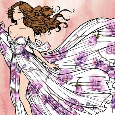 realistic woman in dress flowing the the wind