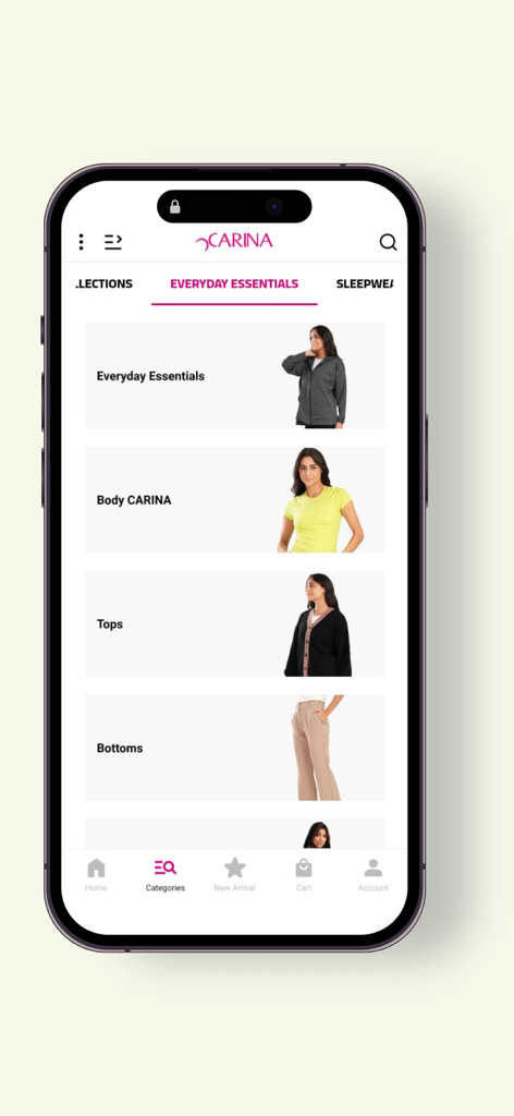 Carina Wear - Carina Wear mobile app displaying women clothing categories including everyday essentials and tops