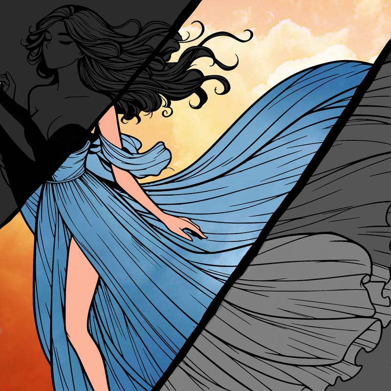 realistic woman in dress flowing the the wind