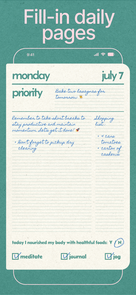 Writeway: Journal & Diary - A digital daily planner page with sections for priority tasks, shopping lists, and habit tracking on a paper-style background.