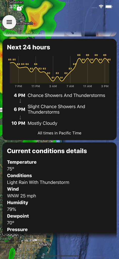 StormWatch+ app dashboard showing 24-hour hourly forecast graph and current weather conditions details