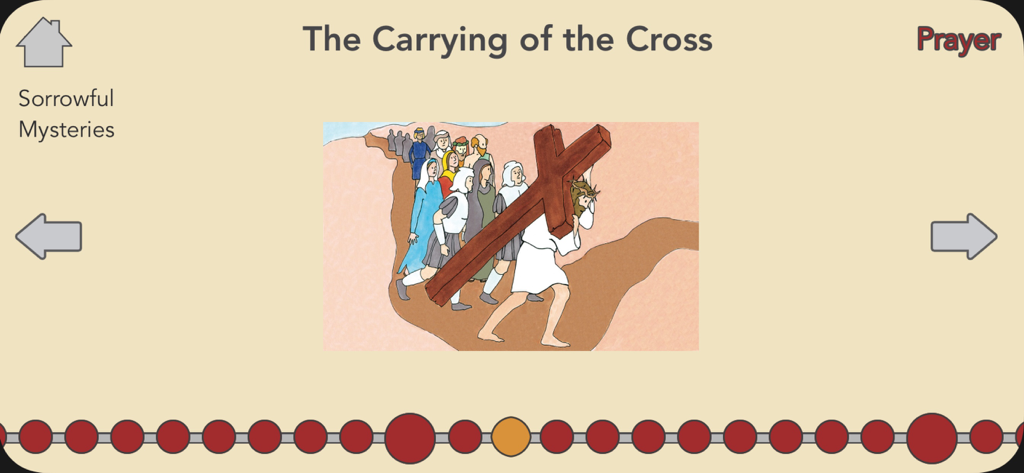 Bead By Bead - Bead By Bead app screenshot showing an illustration of Jesus carrying the cross for children praying the Rosary