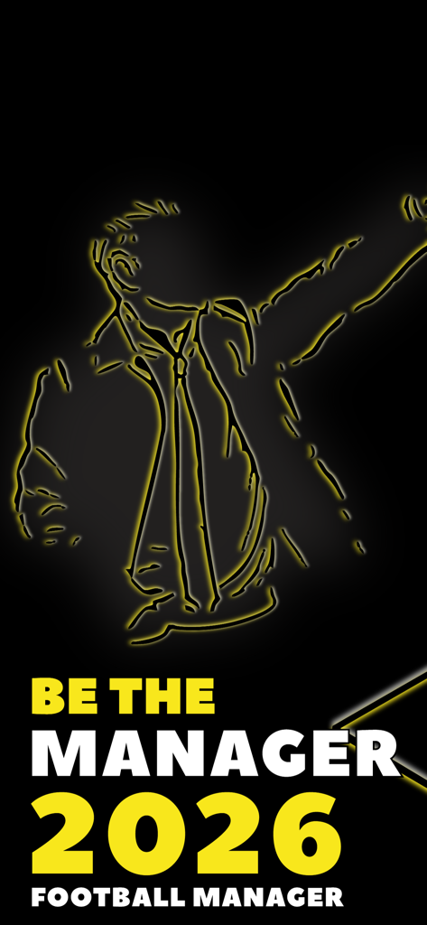 Be the Manager 2026: Soccer - Pantalla de inicio del juego de fútbol Be the Manager 2026 con la silueta de un mánager de neón sobre un fondo negro.