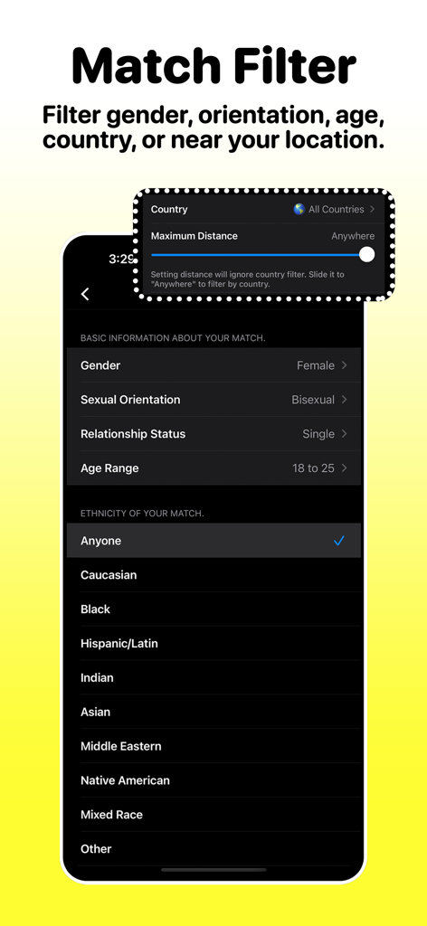 Dizkover: Find Friends Near Me - Dizkover app Match Filter screen showing search options for gender orientation age range and ethnicity