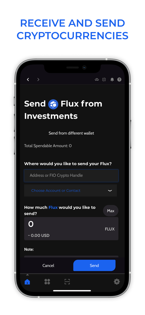 ZelCore - Interfaz de la aplicación móvil ZelCore mostrando la pantalla de envío de la criptomoneda Flux