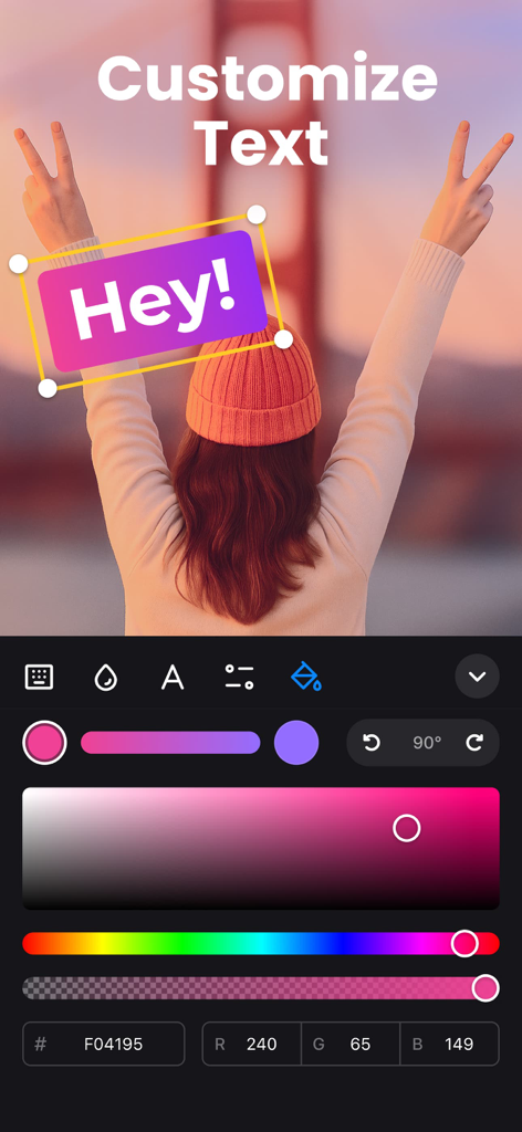 Interfaz de la aplicación móvil de Clideo mostrando herramientas de personalización de texto con gradientes de color y controles de edición precisos