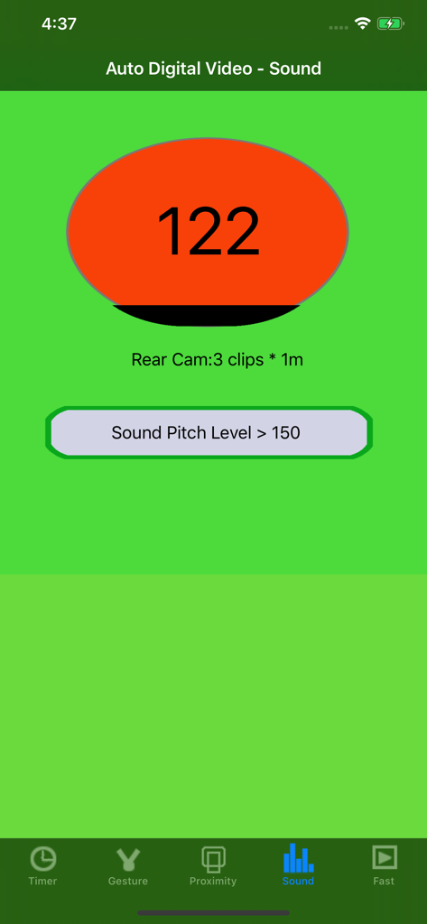 Auto Digital Video - Interface of the Auto Digital Video app showing sound-activated recording settings and pitch level trigger