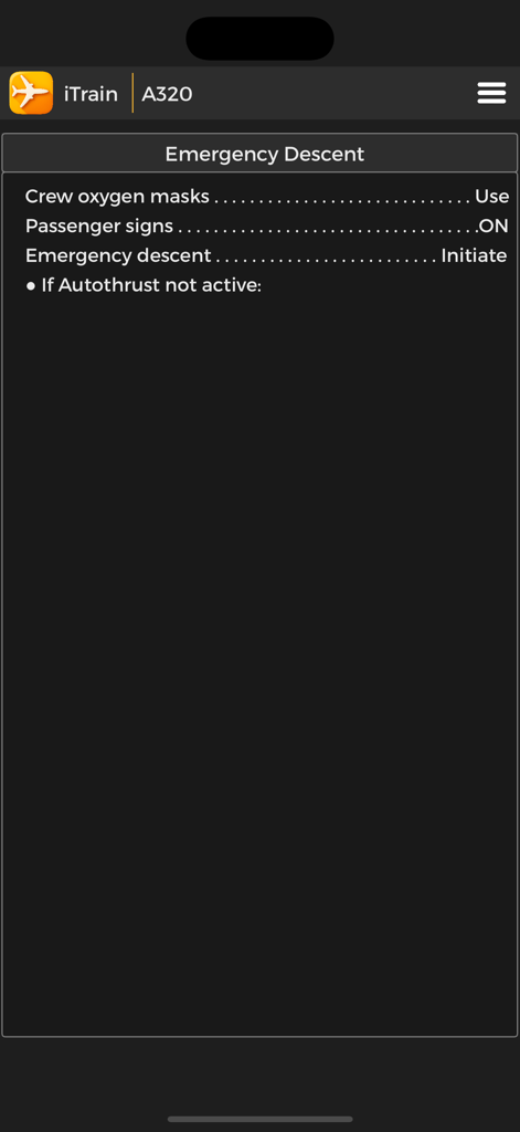 iTrain A320 - iTrain A320 app screen showing an emergency descent technical checklist for pilot training
