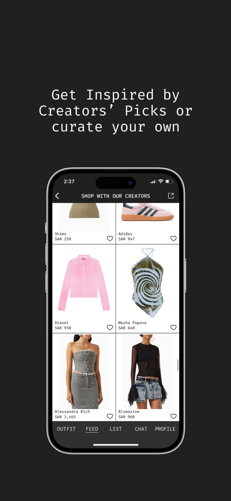A mobile interface of the Get Outfit app showing a curated feed of designer fashion items recommended by style creators
