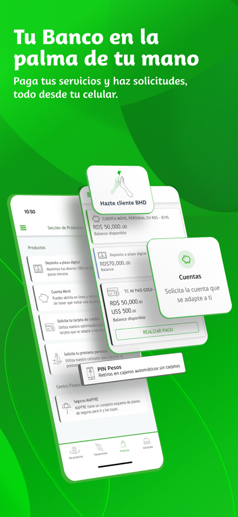 Móvil Banking Personal BHD - Oberfläche der Móvil Banking Personal BHD App, die Kontostände und Finanzdienstleistungen anzeigt