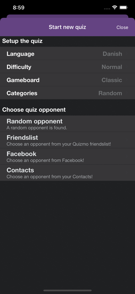 Quizmo - Quizmo app interface for setting up a new trivia quiz and choosing an opponent.