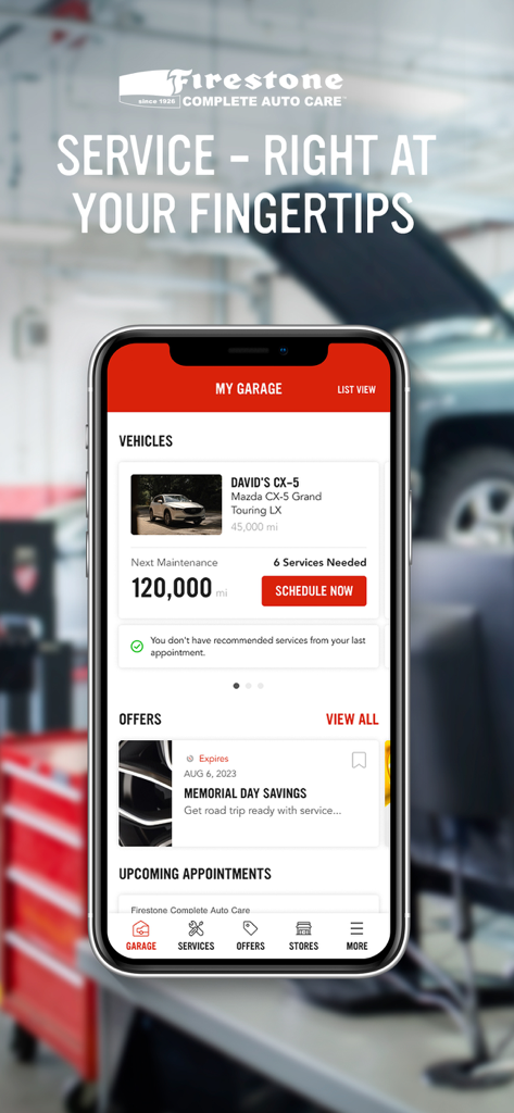 My Firestone - Interfaccia dell'app My Firestone che mostra lo stato della manutenzione del veicolo e la pianificazione degli interventi
