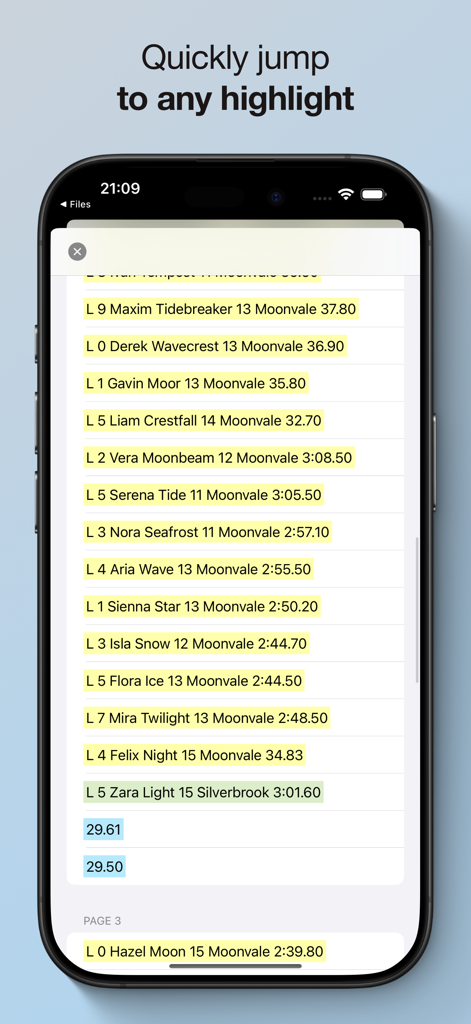 PDF Highlighter - ナビゲーションを迅速に行うための、ハイライトされたスイムミートの結果リストを示すモバイルアプリ画面