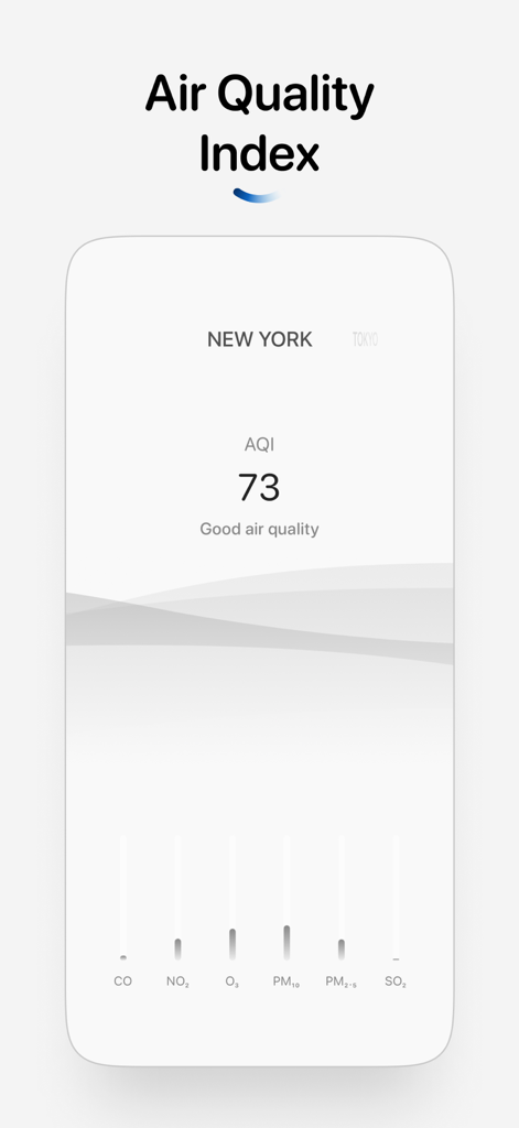 Interfaz minimalista que muestra el índice de calidad del aire de Nueva York en la aplicación Weather Minimalist