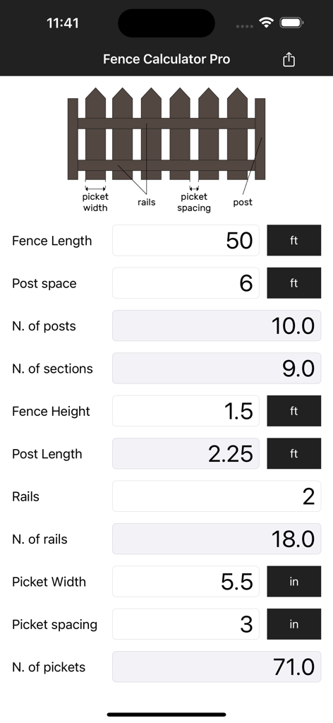 Interface of Fence Calculator Pro app displaying calculated numbers of posts, rails, and pickets for a project.