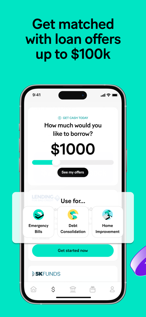 MoneyLion app interface showing personal loan matching options and borrowing categories for emergency bills or debt consolidation