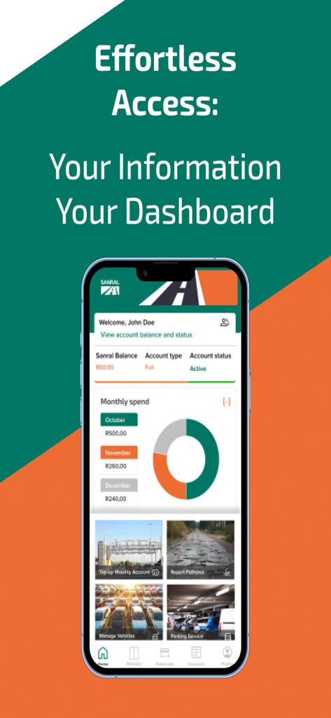 Dashboard of the SANRAL mobile app showing account balance and monthly spend chart
