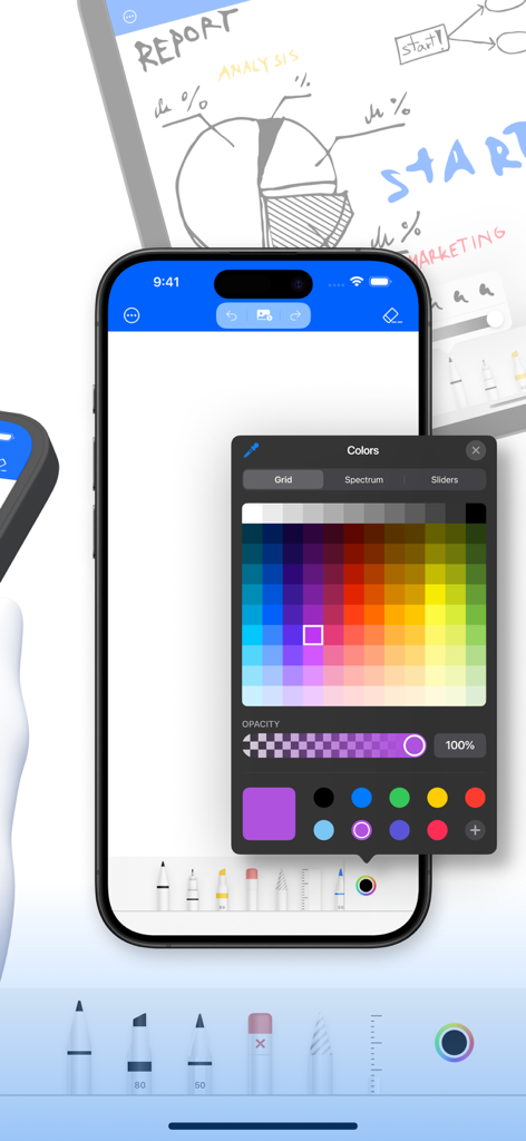 iPhone screen showing Casual Whiteboard app with color picker grid and drawing tools for sketching