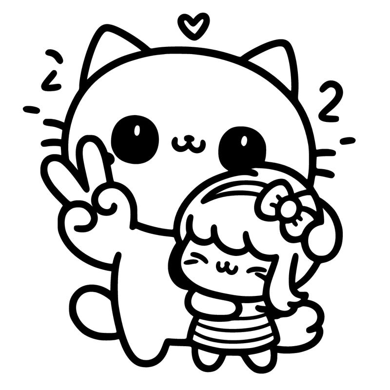 kawai cat holding up a peace sign hugging little girl