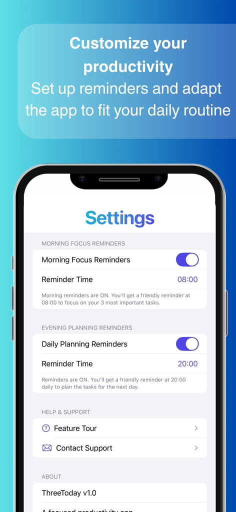 ThreeToday - Pantalla de configuración de ThreeToday mostrando las opciones de recordatorio de enfoque matutino y planificación nocturna
