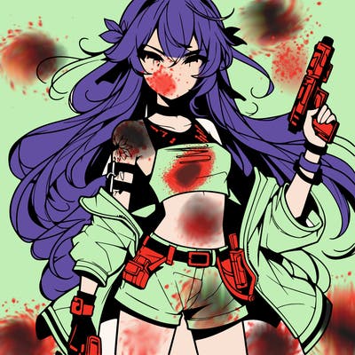 bad girl wearing crop top holding a gun long hair anime