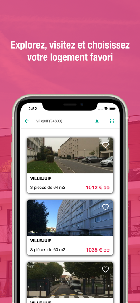 Smartphone screen showing apartment rental listings in the in'li.FR real estate app for the Villejuif area