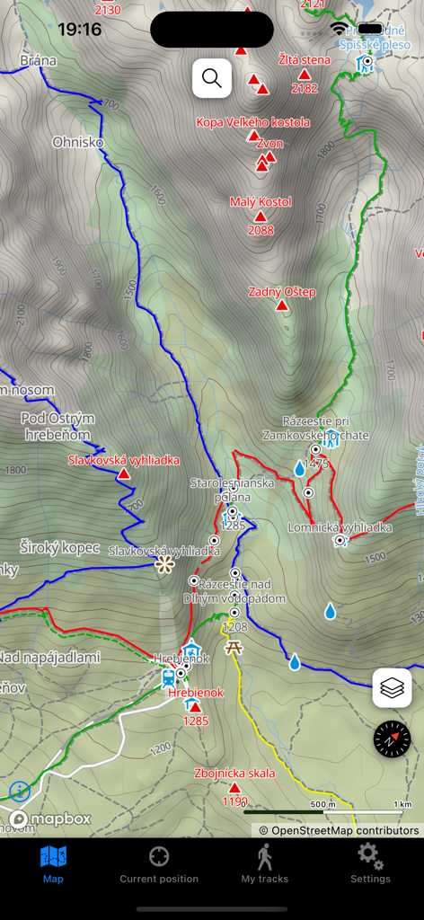 Detailed 3D topographical offline map of Slovakia showing mountain peaks and hiking trails