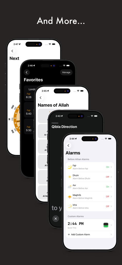 Athan: Full Athan - Múltiples pantallas de iPhone que muestran las funciones de la aplicación Athan, incluidas alarmas de oración, dirección de Qibla y Nombres de Alá