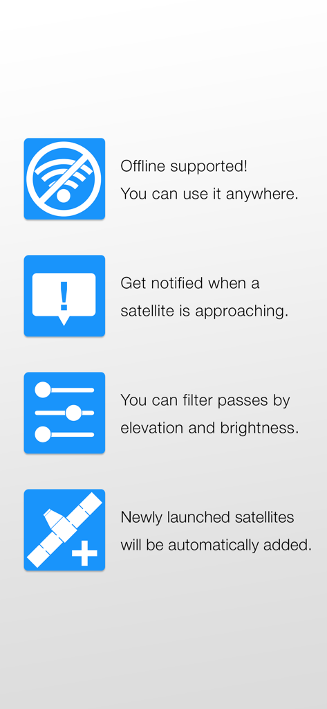 SpaceStationAR - A list of SpaceStationAR app features including offline support, satellite notifications, pass filtering, and automatic satellite updates.