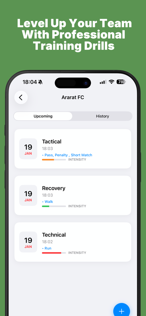 Elite Soccer Lineup - Tactico - Planificador de sesión de entrenamiento de fútbol que muestra horarios de ejercicios tácticos y técnicos para un equipo.