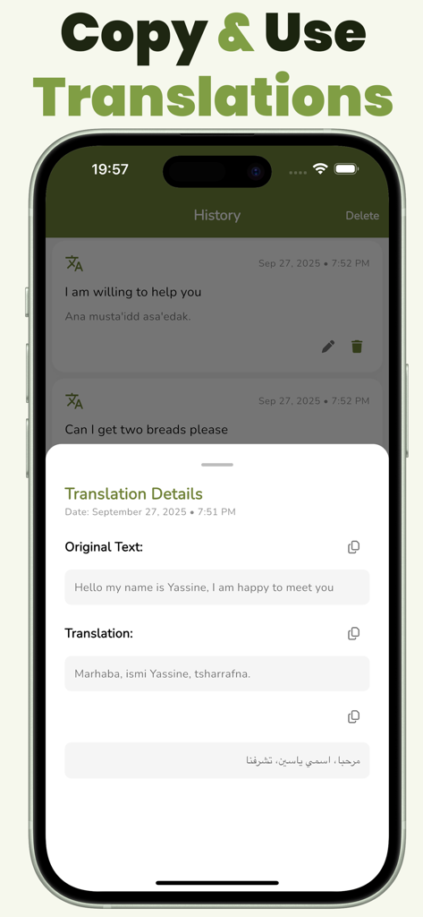 Pantalla de detalles de traducción en la aplicación Traductor de Árabe Levantino mostrando texto en inglés convertido a dialecto con transliteración y escritura árabe