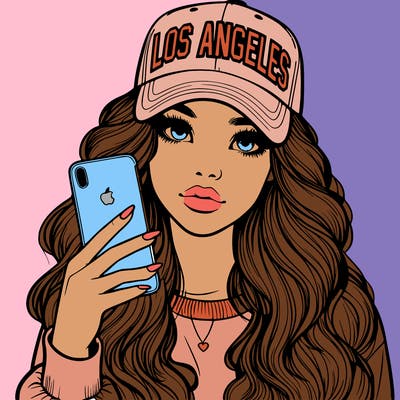 realistic beautiful girl wearing los ángeles cap holding an iphone