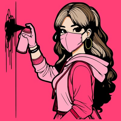 realistic girl with mask spray painting a wall