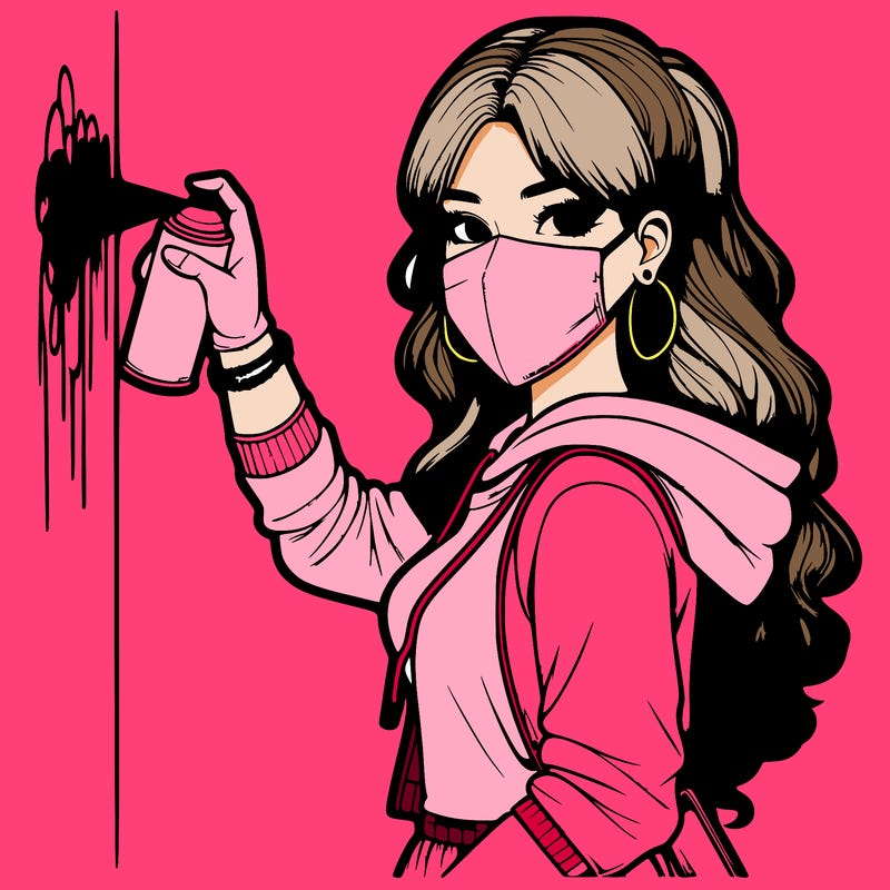 realistic girl with mask spray painting a wall