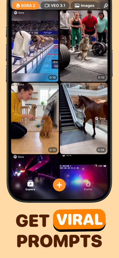 Virario: AI Video Generator - Interface móvel do aplicativo Virario mostrando uma grade de vídeos gerados por IA com o texto Obtenha Prompts Virais.