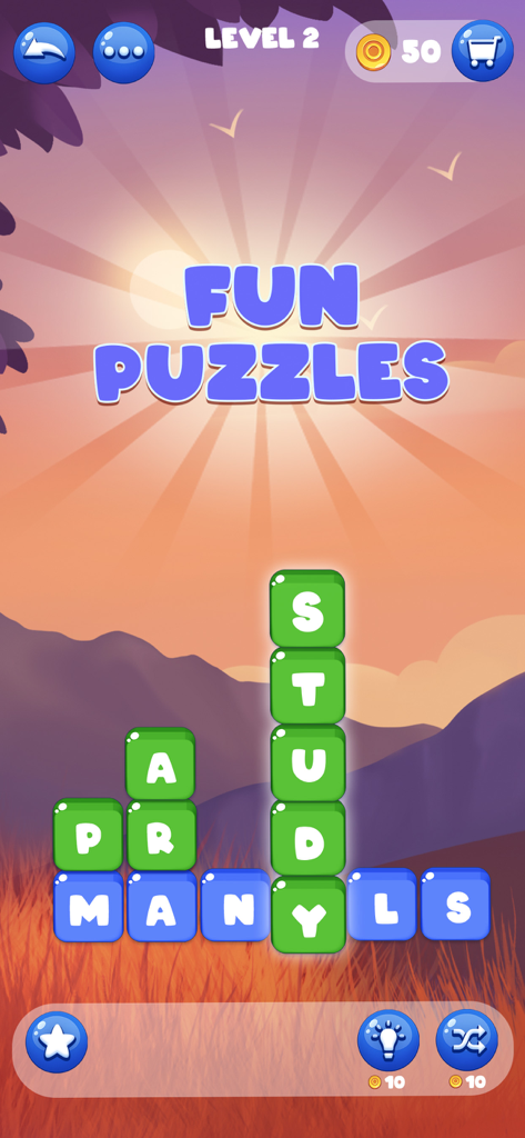 Word Pick : Word Puzzle Games - Una captura de pantalla del juego Word Pick que muestra el nivel 2 con fichas de letras formando palabras sobre un fondo de montaña al atardecer.