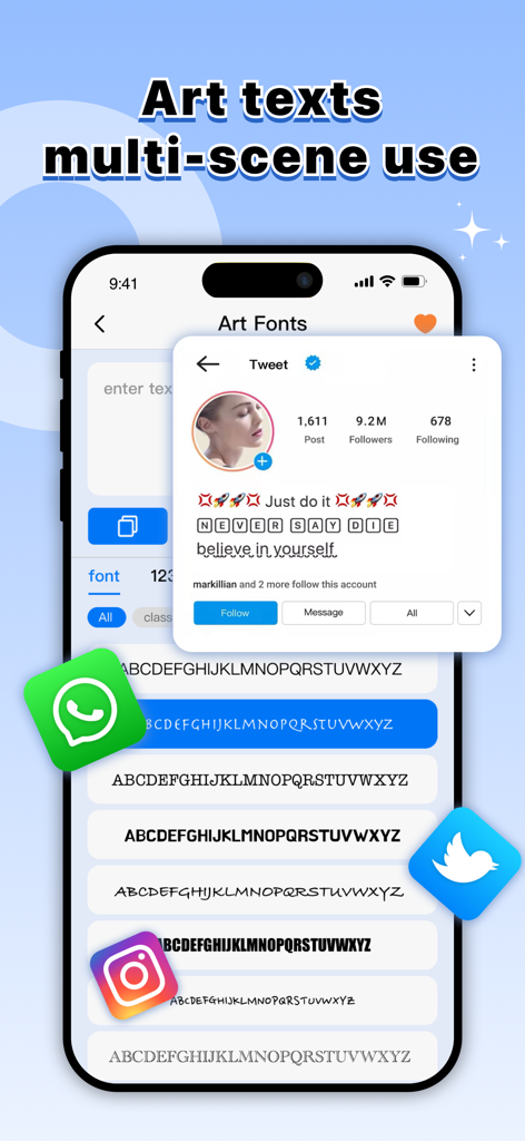 다양한 폰트 스타일과 소셜 미디어 프로필 자기소개 미리보기를 보여주는 Stylish Font 키보드 앱.