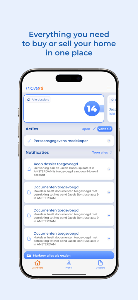 Dashboard der Move.nl-Immobilien-App, das Benachrichtigungen und Dossiers zu Immobilientransaktionen anzeigt.